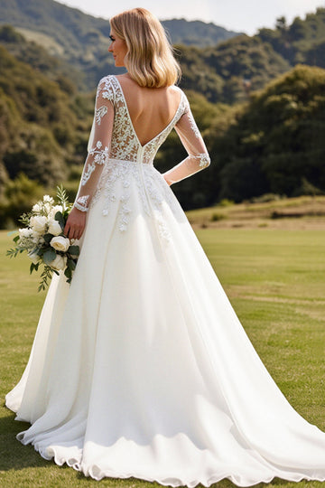 A Line Ivory Lace Long Sleeve Wedding Dress